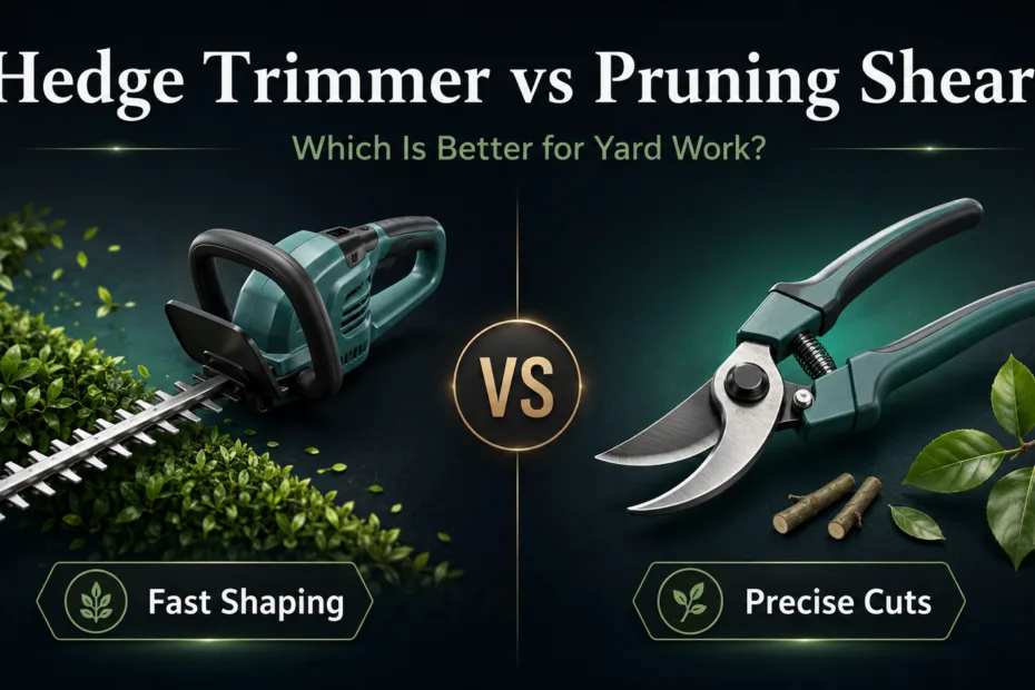 Hedge trimmer vs pruning shears comparison for yard work showing tools for trimming and shaping plants.