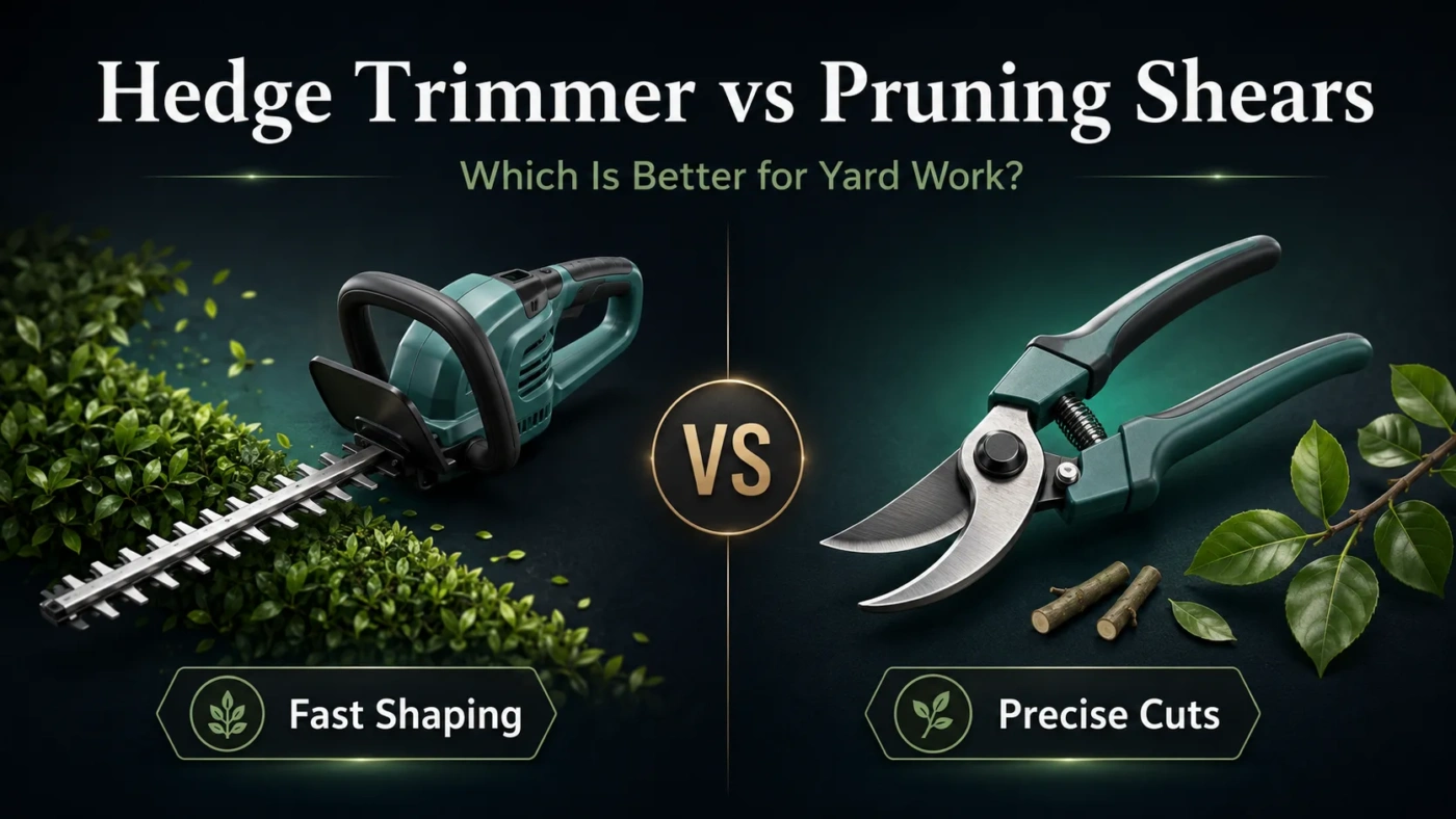 Hedge trimmer vs pruning shears comparison for yard work showing tools for trimming and shaping plants.