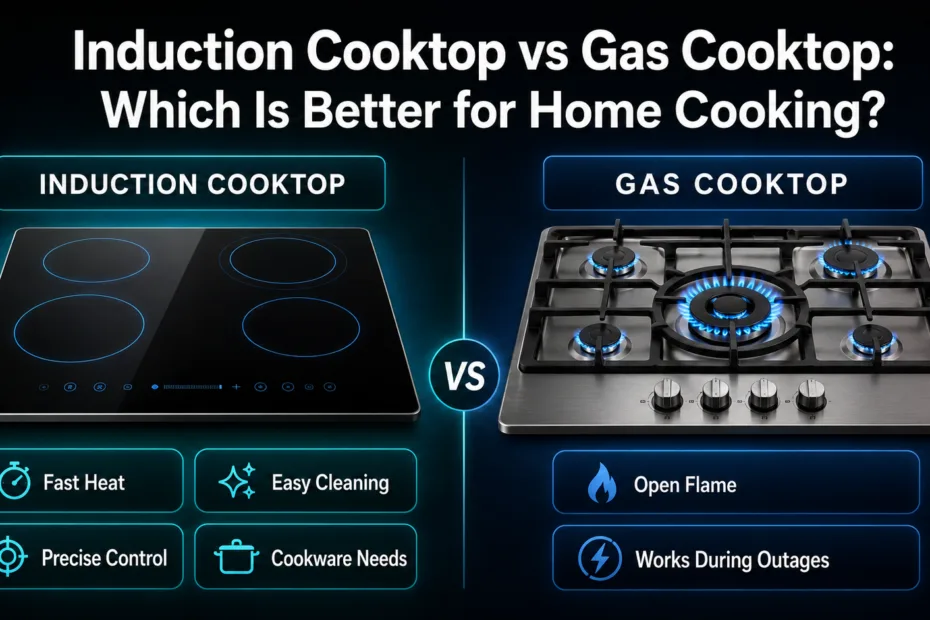 Induction cooktop vs gas cooktop comparison showing the advantages and features of each for home cooking.