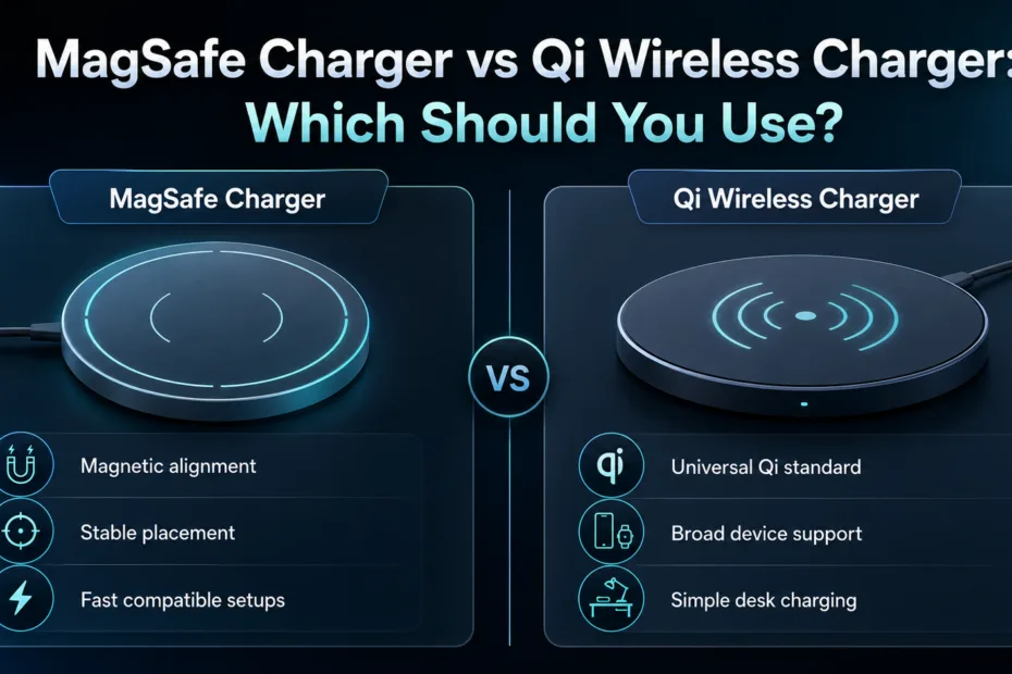 Comparison between MagSafe Charger and Qi Wireless Charger for fast and reliable wireless charging of smartphones.