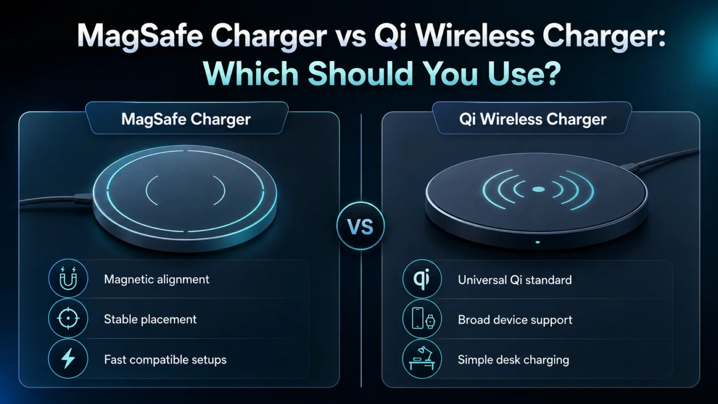 Comparison between MagSafe Charger and Qi Wireless Charger for fast and reliable wireless charging of smartphones.