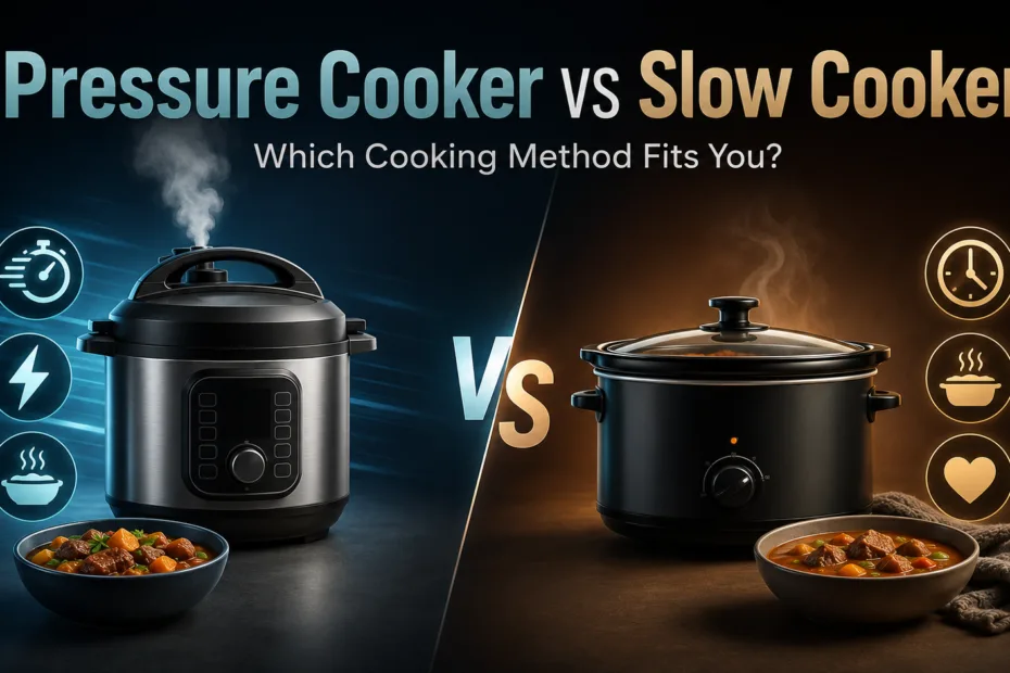 Pressure cooker vs slow cooker comparison showing the differences in design and cooking style for your preferred kitchen method.