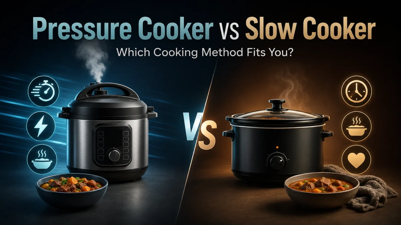 Pressure cooker vs slow cooker comparison showing the differences in design and cooking style for your preferred kitchen method.