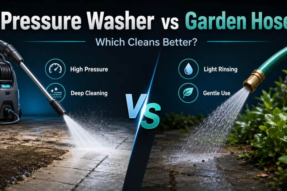 Pressure washer vs garden hose comparison showing which cleaning tool is more effective for outdoor dirt removal.