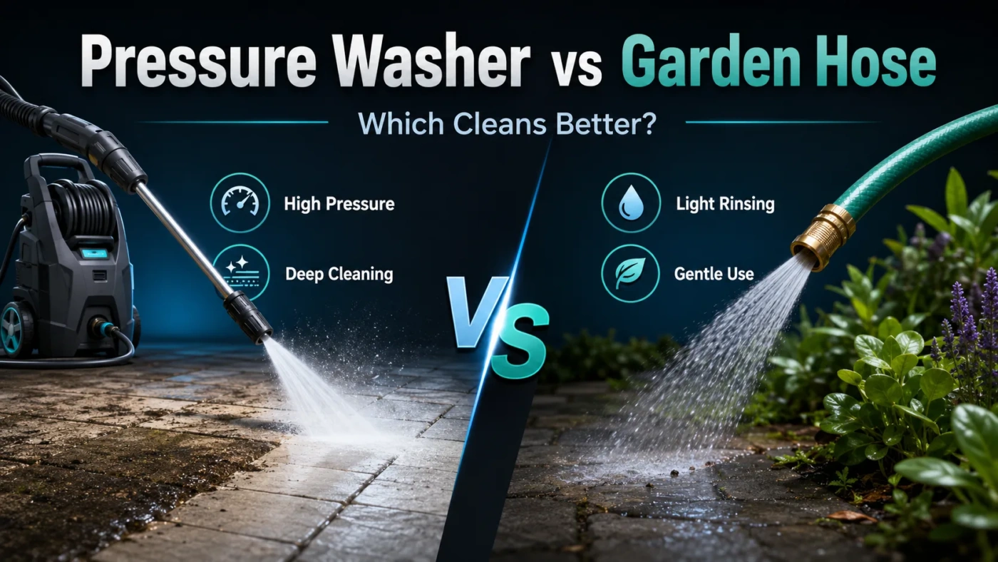 Pressure washer vs garden hose comparison showing which cleaning tool is more effective for outdoor dirt removal.