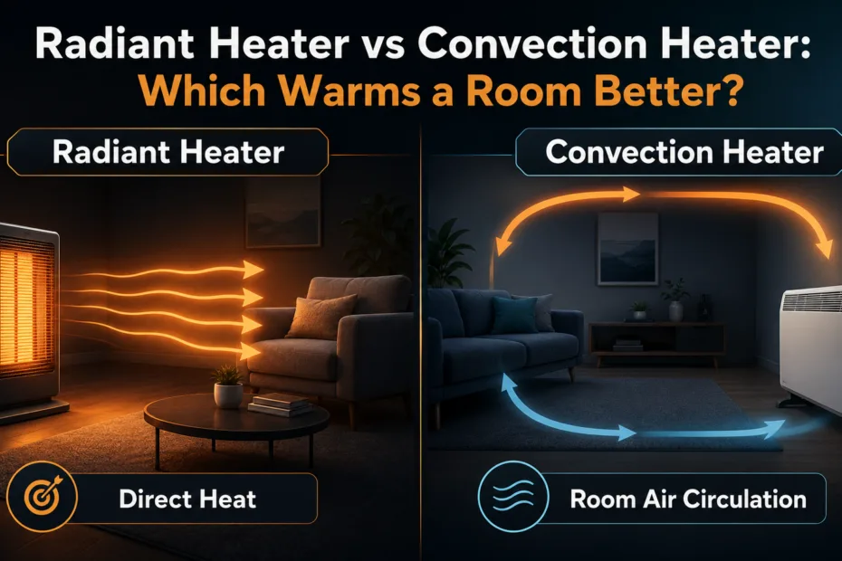 Radiant heater vs convection heater comparison showing which warms a room better.
