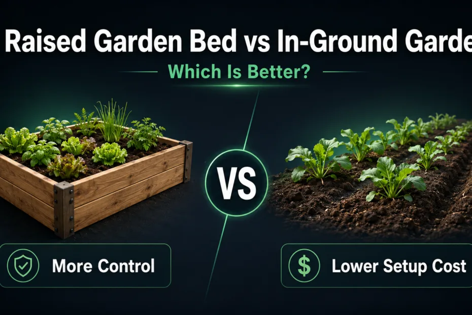 Raised garden bed vs in-ground garden comparison showing benefits of control and lower costs for each garden type.