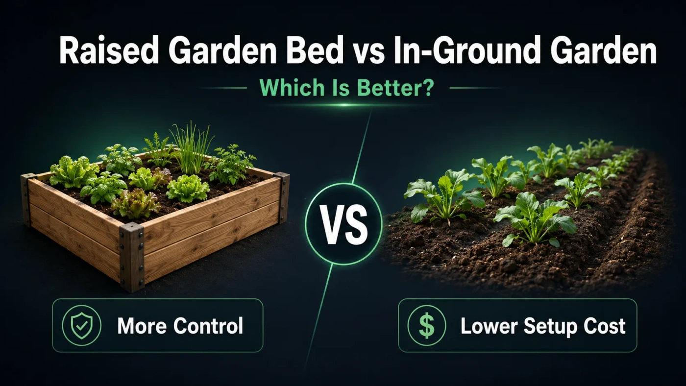 Raised garden bed vs in-ground garden comparison showing benefits of control and lower costs for each garden type.