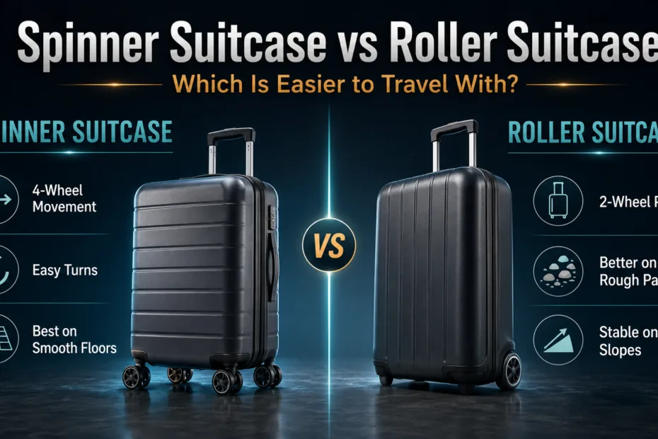 Spinner suitcase vs roller suitcase comparison showing which is easier to travel with.
