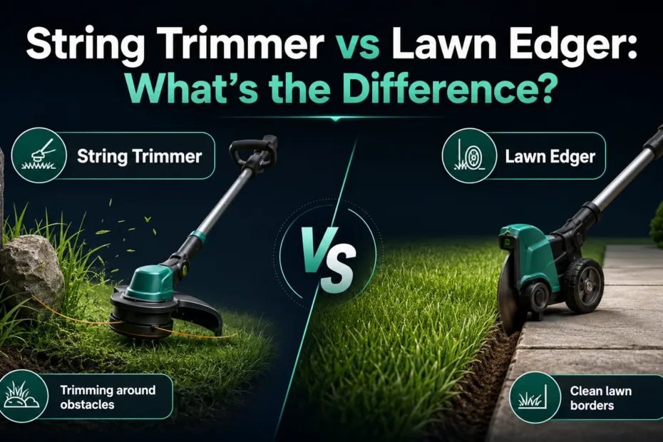 String trimmer vs lawn edger show two garden tools used for trimming grass and creating clean edges in landscaping.