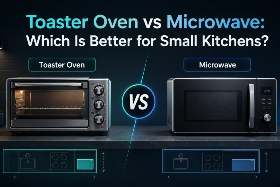 A comparison of a toaster oven and microwave, showing which appliance is better for small kitchens.