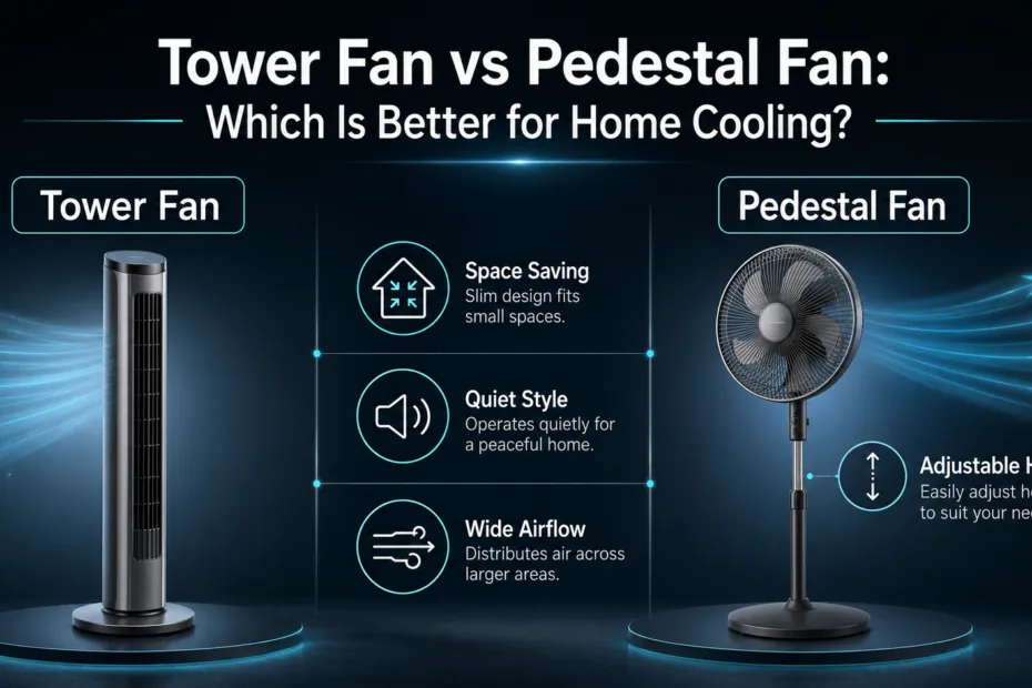 A comparison of tower fan vs pedestal fan features to help choose the best home cooling option for your space.