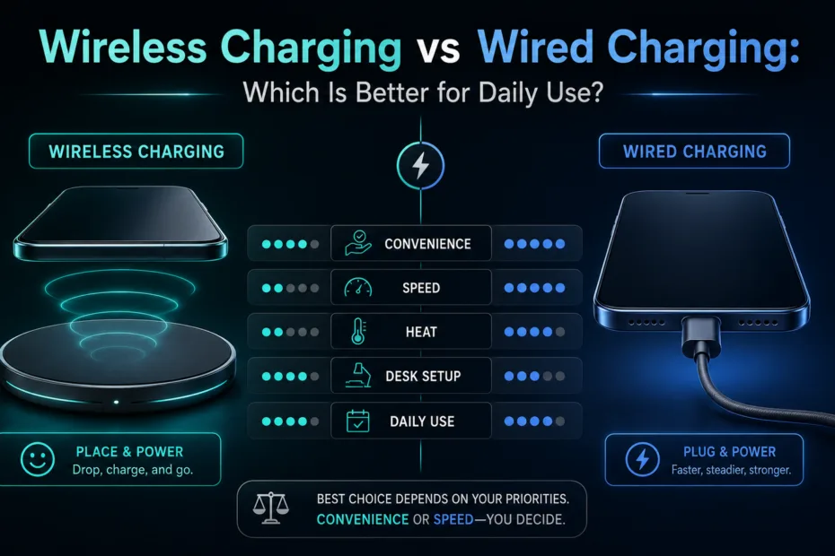 Wireless charging vs wired charging comparison showing convenience and speed for daily device use
