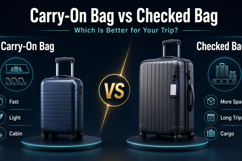 Carry-on bag vs checked bag comparison showing travel convenience and size options for your trip.