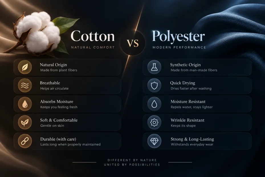 Cotton vs polyester fabric comparison showing the differences in texture, moisture-wicking, durability, and sustainability options.