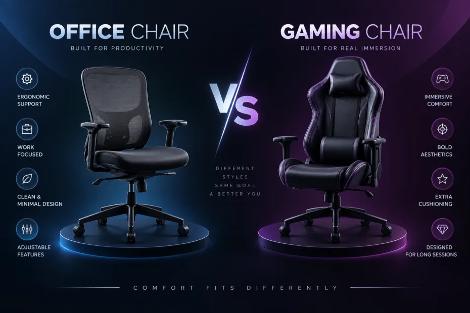 Office chair vs gaming chair comparison for long hours, showcasing comfort, support, and ergonomic design features.