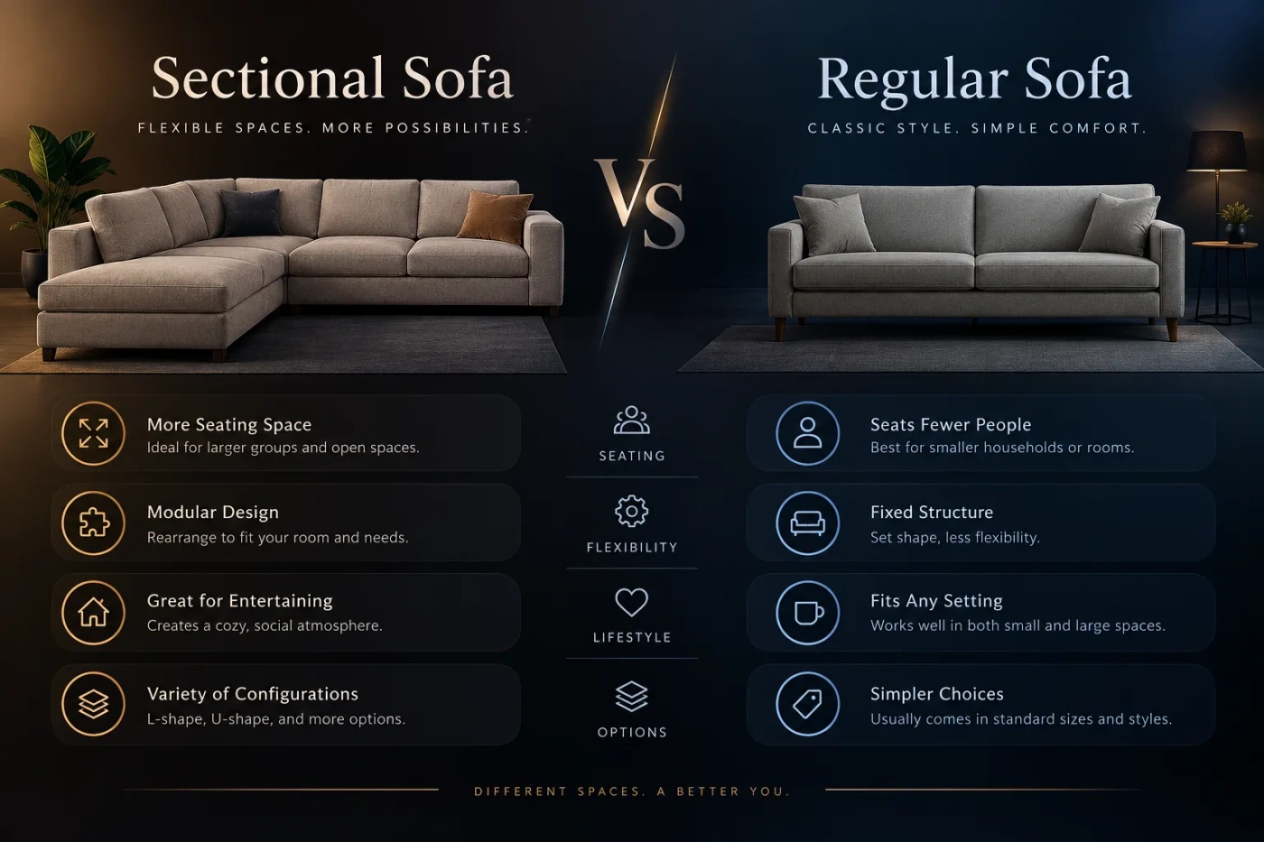 Sectional sofa vs regular sofa comparison showing space-saving, flexibility, and seat capacity for your living room.