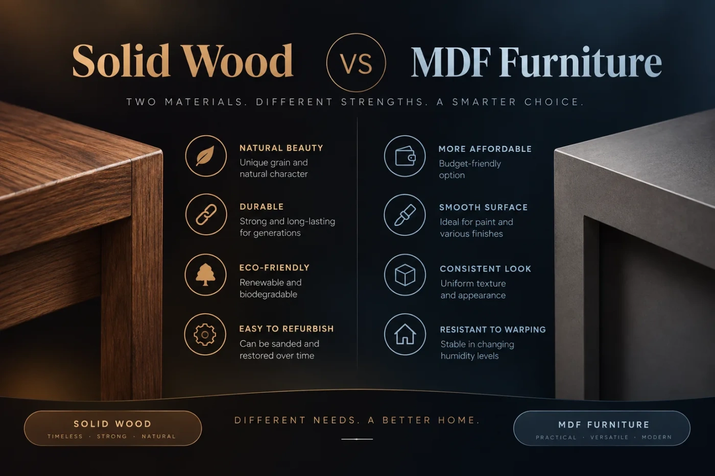 Solid wood vs MDF furniture comparison showcasing durability and quality for long-lasting home furniture choices.