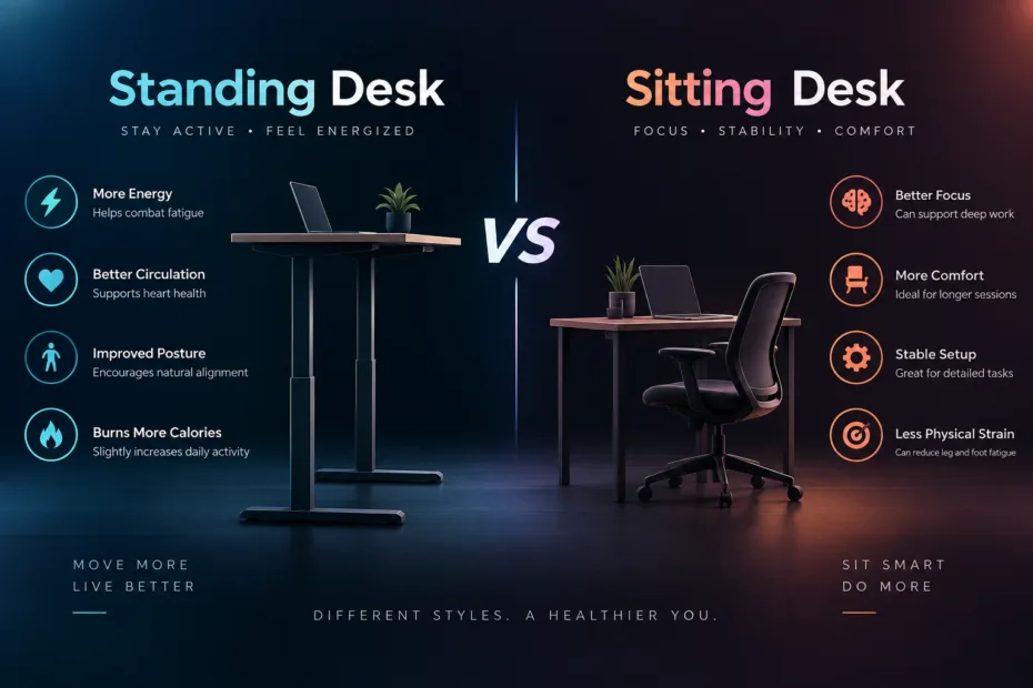 Comparison of standing desk versus sitting desk to help choose the best workspace setup for comfort and productivity.